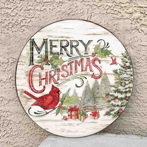 Merry Christmas ξύλινο χειροποίητο στρογγυλό πινακάκι με χιονισμένο χριστουγεννιάτικο τοπίο