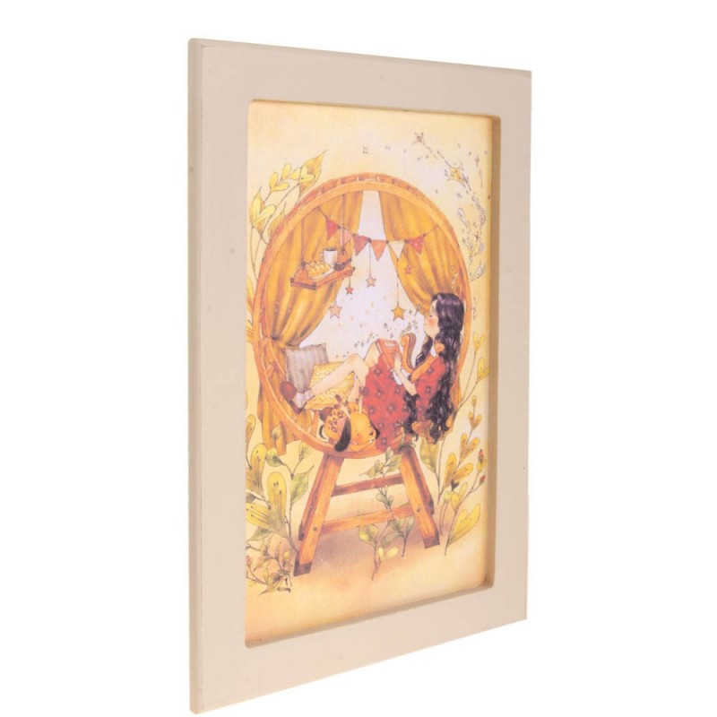 Χειροποίητος ξύλινος πίνακας ανέμελο κορίτσι με πλαίσιο 23x33 εκ