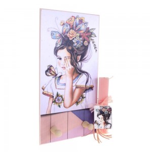 Κορίτσι με Πεταλούδες πασχαλινή λαμπάδα  με χειροποίητη ξύλινη κρεμάστρα 20x40 εκ