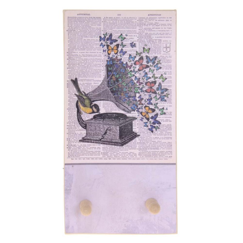 Vintage γραμμόφωνο με πολύχρωμες πεταλούδες  χειροποίητη ξύλινη κρεμάστρα 20x40 εκ