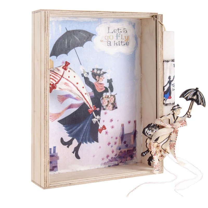 Mary Poppins χειροποίητη Πασχαλινή λαμπάδα σε χειροποίητο κουτί με plexiglass 22x7x29 εκ