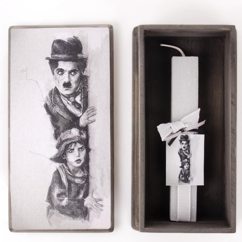 Charlie Chaplin Πασχαλινή αρωματική λαμπάδα με χειροποίητο διακοσμητικό κουτί 25x13x7 εκ