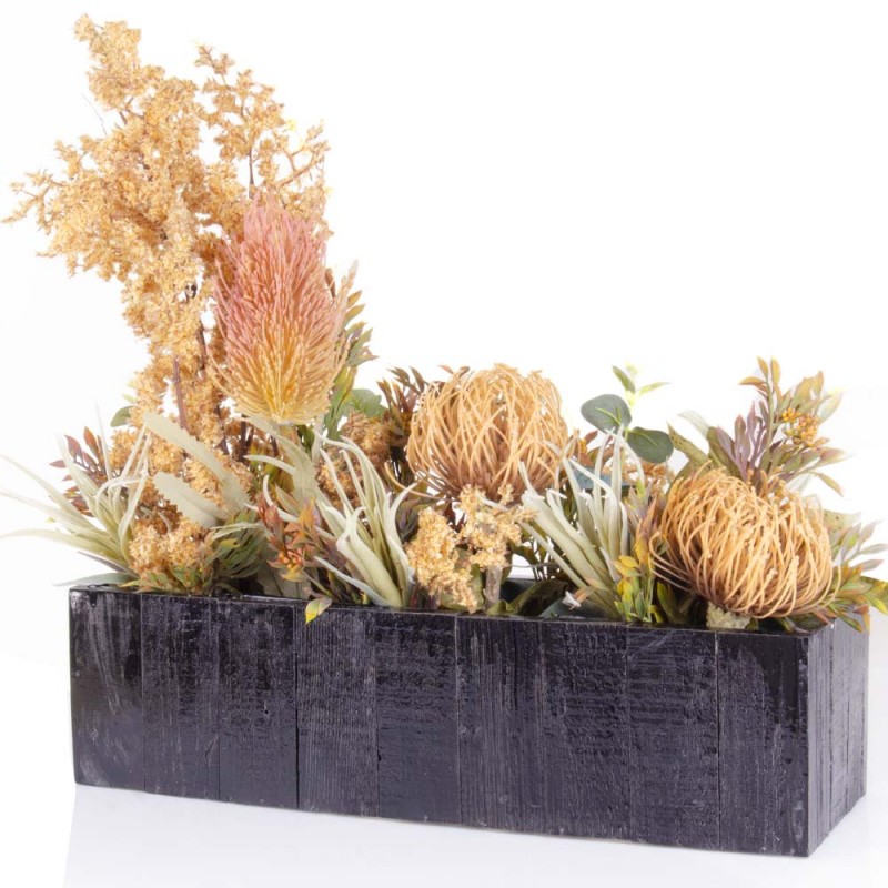 Ζαρντινιέρα ξύλινη σε μαύρο χρώμα με λουλούδια  διακοσμητικά 45x12x47 εκ