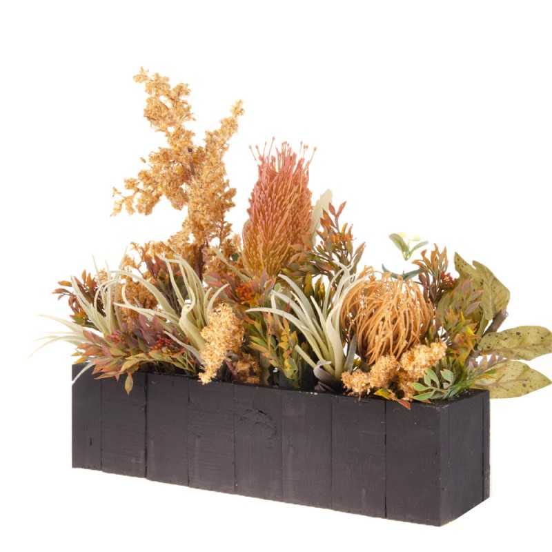 Ξύλινη ζαρντινιέρα σε μαύρο χρώμα με διακοσμητικά λουλούδια 39x10x37 εκ