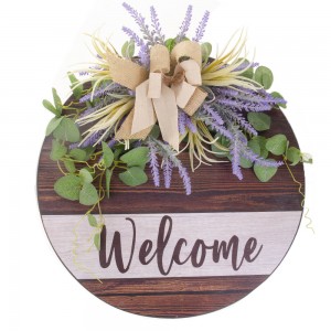 Ξύλινο στρογγυλό επιτοίχιο διακοσμητικό Welcome με τεχνητά λουλούδια 48x48 εκ