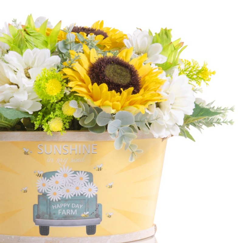 Sunshine ξύλινο καλάθι σε κίτρινο χρώμα με διακοσμητικά λουλούδια 35x33x23 εκ