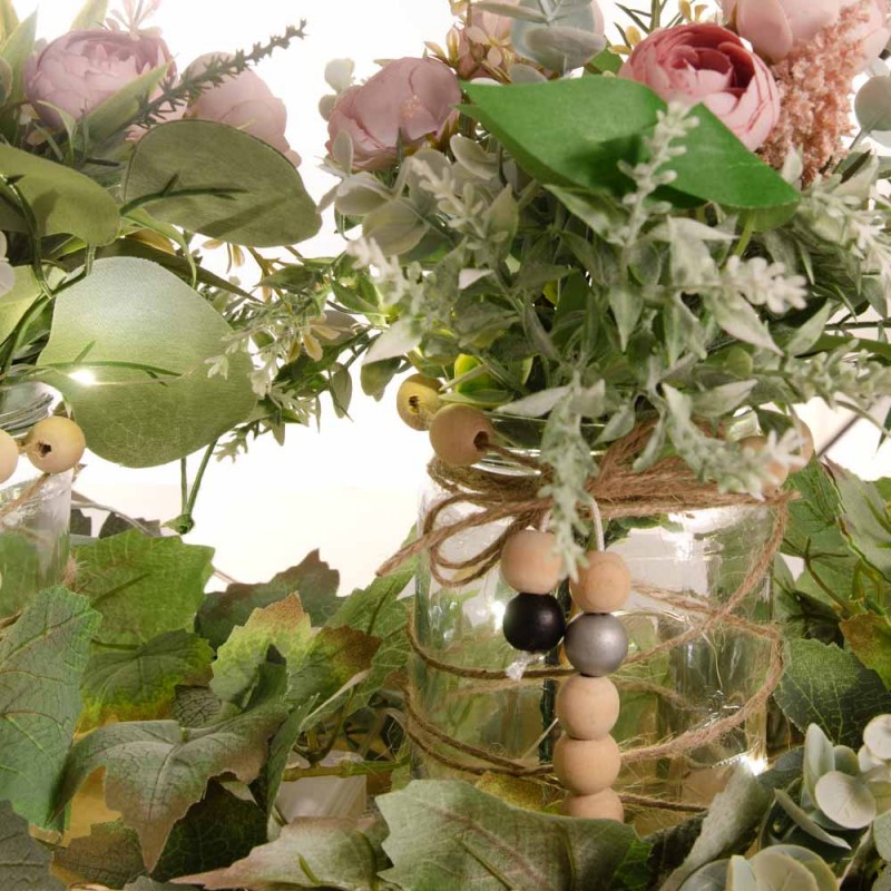 Ξύλινος δίσκος με γυάλινα βαζάκια και διακοσμητικά λουλούδια με λαμπάκια μπαταρίας 60x26x30 εκ
