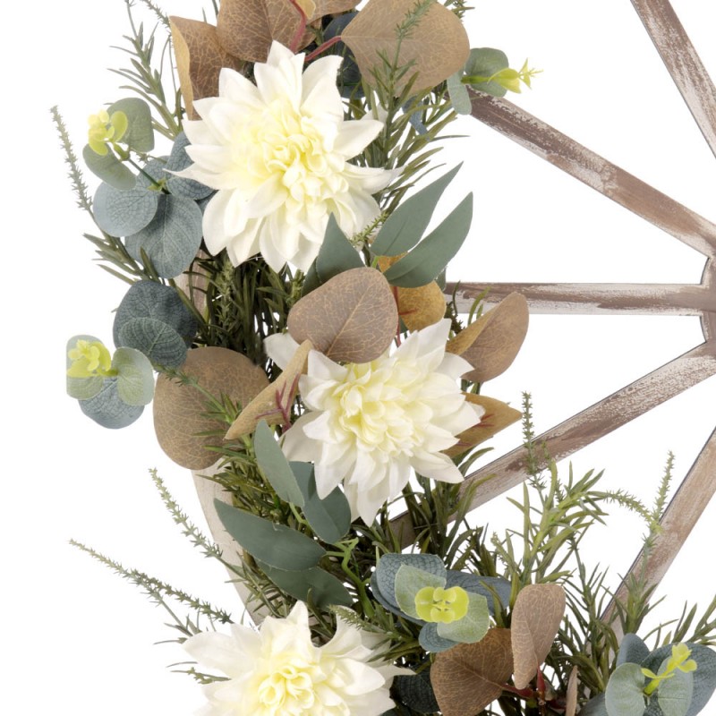 Ξύλινη ρόδα με πατίνα και διακοσμητικά λουλούδια 64x69 εκ