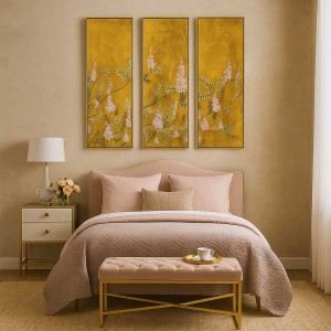 Gold Foil τρίπτυχος πίνακας ελαιογραφίας με απεικόνιση λουλούδια σε χρυσή κορνίζα 120x120 εκ
