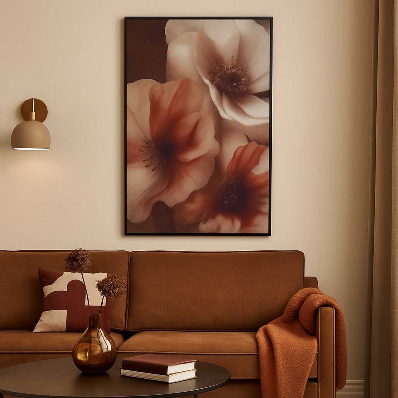 Cream Flowers πίνακας ελαιογραφίας σε τυπωμένο καμβά με θέμα λουλούδια σε wenge κορνίζα 83x123 εκ