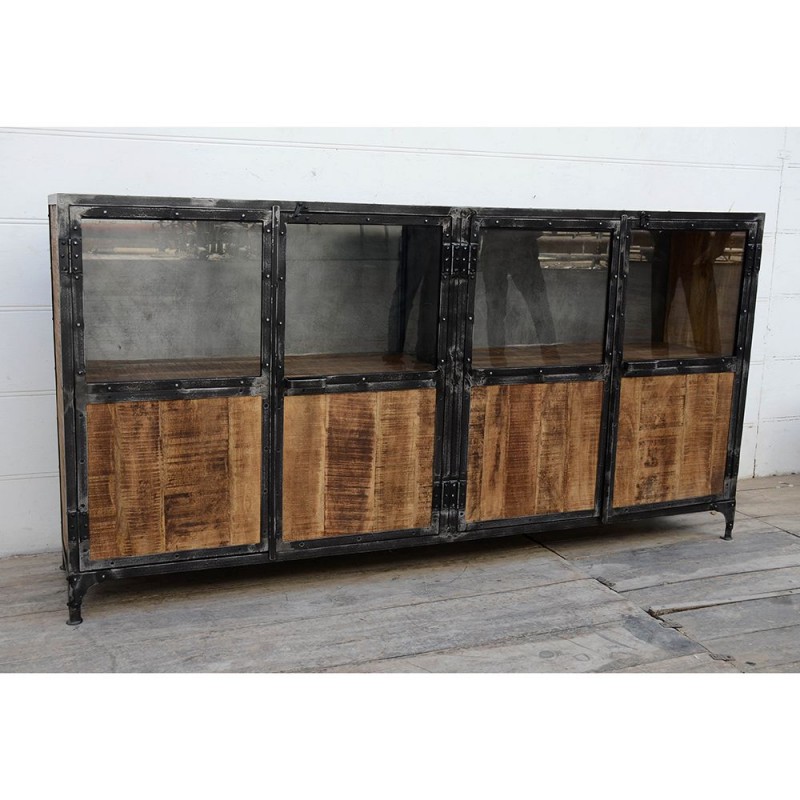 Industrial μεταλλικός μπουφές με ξύλο mango και γυαλί 202x40x102 εκ Industrial μεταλλικός μπουφές με ξύλο mango και γυαλί 202x40x102 εκ