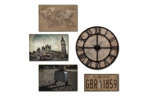 Travel Vintage διακοσμητική σύνθεση με τέσσερις ξύλινους χειροποίητους πίνακες και ένα ρολόι τοίχου