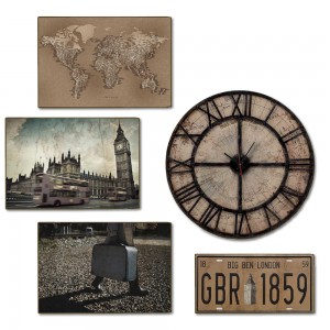 Travel Vintage διακοσμητική σύνθεση με τέσσερις ξύλινους χειροποίητους πίνακες και ένα ρολόι τοίχου
