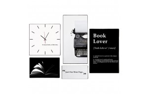 Booklover διακοσμητική σύνθεση με τέσσερις ξύλινους χειροποίητους πίνακες και ένα ρολόι τοίχου