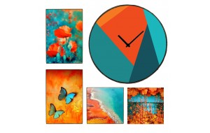Blue Orange διακοσμητική σύνθεση με τέσσερις ξύλινους χειροποίητους πίνακες και ένα ρολόι τοίχου