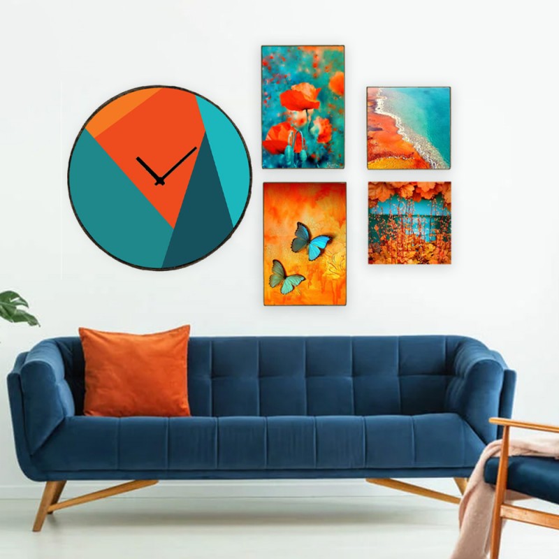Blue Orange διακοσμητική σύνθεση με τέσσερις ξύλινους χειροποίητους πίνακες και ένα ρολόι τοίχου