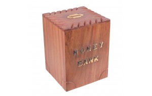 Ξύλινος διακοσμητικός κουμπαράς σε φυσική απόχρωση με χρυσή επιγραφή Money Bank 11x15