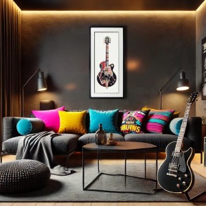Rock Guitar πίνακας από 3D κολλάζ σε σχήμα ηλεκτρικής κιθάρας 50x100 εκ