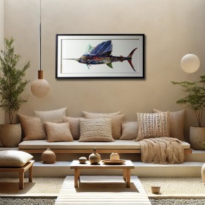 Swordfish πίνακας από 3D κολλάζ σε σχήμα ξιφία 130x65 εκ