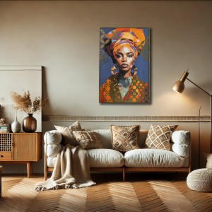 African Woman πίνακας ελαιογραφίας με χρυσοτυπία σε τυπωμένο καμβά και θέμα φιγούρα γυναίκας σε χρυσή κορνίζα 80x120 εκ