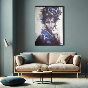 Blue Japanese Girl πίνακας ελαιογραφίας σε τυπωμένο καμβά με θέμα φιγούρα γυναίκας σε ξύλινη κορνίζα 100x140 εκ