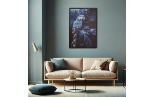 Blue Parrot πίνακας ελαιογραφίας με χρυσοτυπία σε τυπωμένο καμβά με θέμα φιγούρα μπλε παπαγάλου σε ξύλινη μαύρη κορνίζα 83x123 εκ