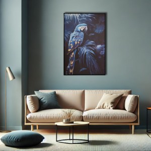 Blue Parrot πίνακας ελαιογραφίας με χρυσοτυπία σε τυπωμένο καμβά με θέμα φιγούρα μπλε παπαγάλου σε ξύλινη μαύρη κορνίζα 83x123 εκ