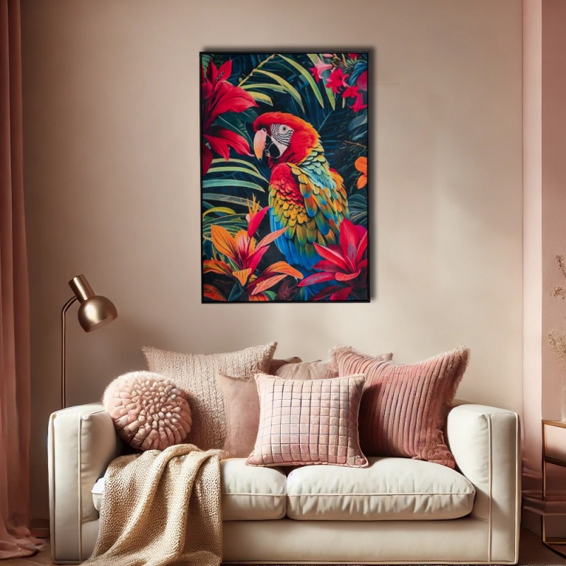 Colorful Parrot πίνακας ελαιογραφίας σε τυπωμένο καμβά με θέμα φιγούρα πολύχρωμου παπαγάλου σε ξύλινη κορνίζα 80x120 εκ