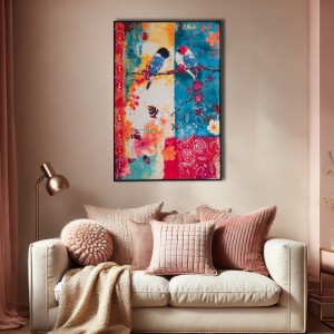 Colorful Birds πίνακας ελαιογραφίας σε τυπωμένο καμβά με θέμα πολύχρωμα πουλάκια και βελούδινη επιφάνεια 83x123 εκ