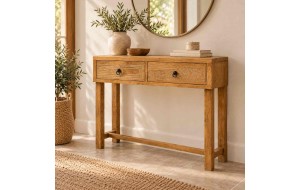Boho Vibes ξύλινη κονσόλα εισόδου σε φυσική απόχρωση με δύο συρτάρια με μεταλλικά χερούλια και ανάγλυφα μοτίβο 110×35×75 εκ