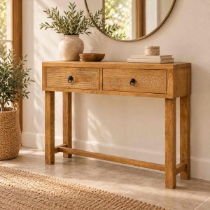 Boho Vibes ξύλινη κονσόλα εισόδου σε φυσική απόχρωση με δύο συρτάρια με μεταλλικά χερούλια και ανάγλυφα μοτίβο 110×35×75 εκ Boho Vibes ξύλινη κονσόλα εισόδου σε φυσική απόχρωση με δύο συρτάρια με μεταλλικά χερούλια και ανάγλυφα μοτίβο 110×35×75 εκ