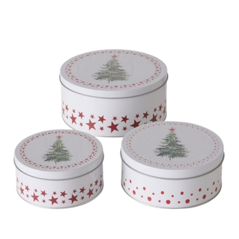 Χριστουγεννιάτικα μεταλλικά κουτιά αποθήκευσης σε λευκή απόχρωση με σχέδιο στολισμένο δέντρο σετ τριών τεμαχίων Χριστουγεννιάτικα μεταλλικά κουτιά αποθήκευσης σε λευκή απόχρωση με σχέδιο στολισμένο δέντρο σετ τριών τεμαχίων