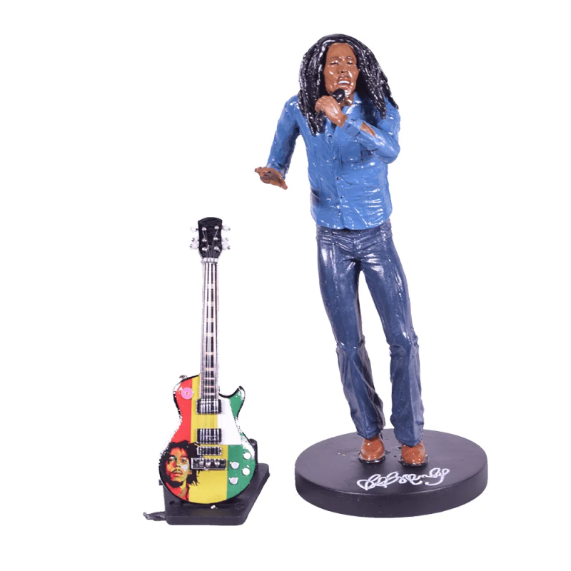 Φιγούρα Bob Marley από πολυεστέρα με ξύλινη χειροποίητη ηλεκτρική κιθάρα μινιατούρα 17 εκ
