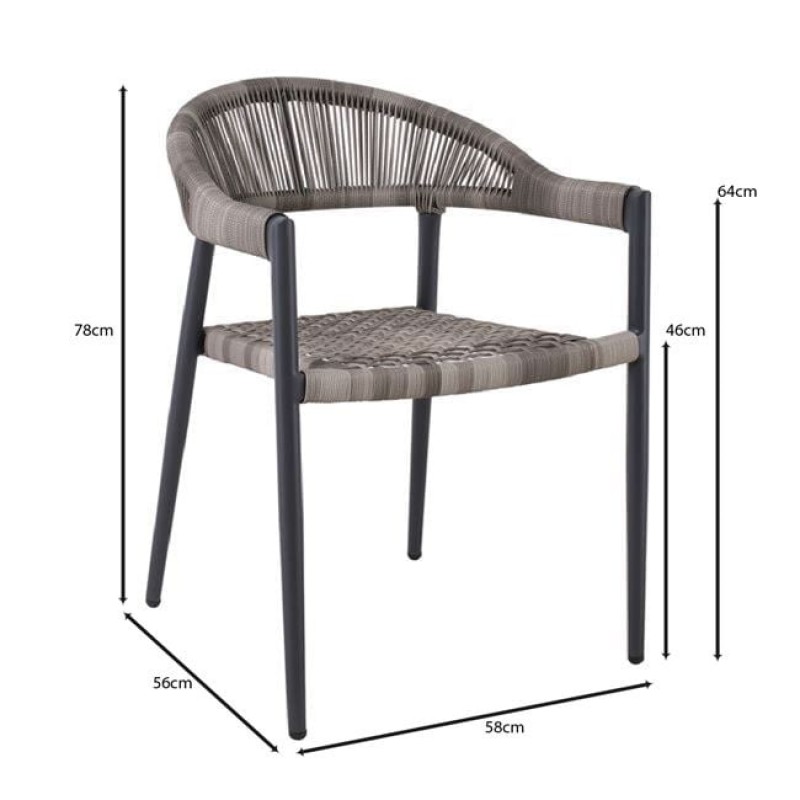 Madison πολυθρόνα με μεταλλικό σκελετό με επένδυση wicker σε γκρι απόχρωση στοιβαζόμενη 58x56x78 εκ