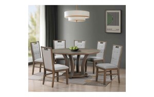 Gordon σετ ξύλινη αντικέ στρογγυλή τραπεζαρία με τραπέζι σε φυσική απόχρωση και έξι καρέκλες με μαξιλάρι σε γκρι απόχρωση