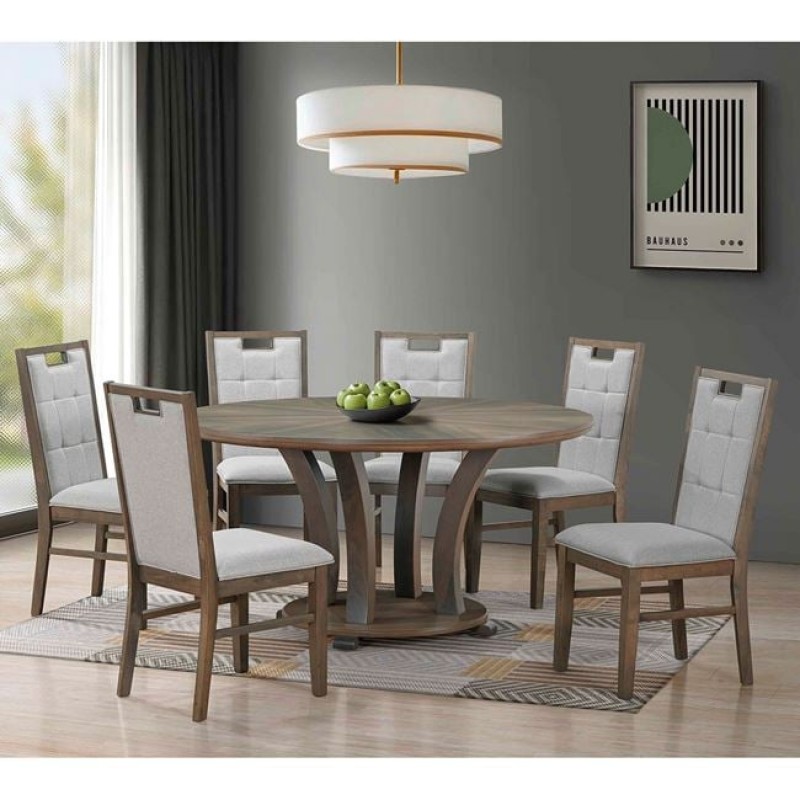 Gordon σετ ξύλινη αντικέ στρογγυλή τραπεζαρία με τραπέζι σε φυσική απόχρωση και έξι καρέκλες με μαξιλάρι σε γκρι απόχρωση