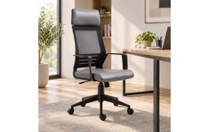 Πολυθρόνα γραφείου mesh μαύρο με pu γκρι 60x65x114/124 εκ