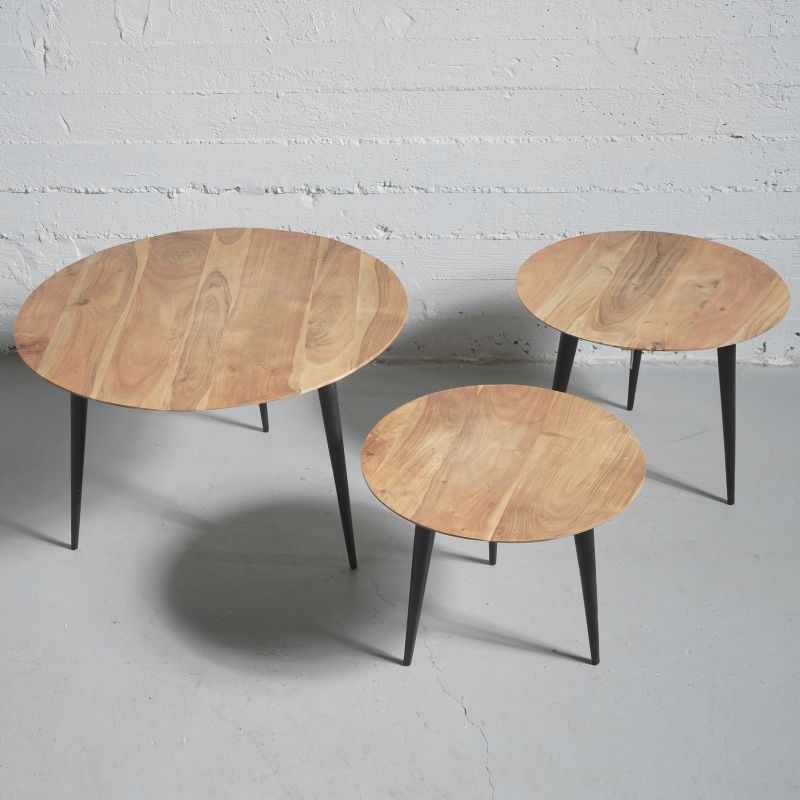 Ξύλινο βοηθητικό τραπέζι με μεταλλικά μαύρα πόδια σετ τριών τεμαχίων