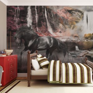 Φωτοταπετσαρία - Black horse by a waterfall 200x154 εκ