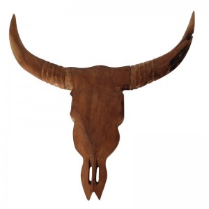 Διακοσμητικό τοίχου κεφάλι ταύρου ξύλινο σε φυσική απόχρωση με κέρατα 60x4x64 εκ