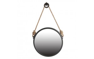 Επιτοίχιος στρογγυλός καθρέπτης με μεταλλικό πλαίσιο σε μαυρό χρώμα και σχοινί 50 εκ