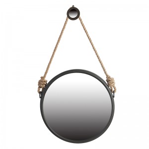 Επιτοίχιος στρογγυλός καθρέπτης με μεταλλικό πλαίσιο σε μαυρό χρώμα και σχοινί 50 εκ