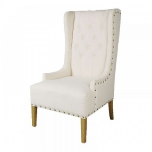 Καρέκλα Vintage ξύλινη με μαξιλάρι και ψηλή πλάτη λευκού υφάσματος και σκελετό σε φυσικό χρώμα 63.5x66x63.5 εκ