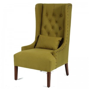 Καρέκλα Vintage ξύλινη με μαξιλάρι και ψηλή πλάτη κίτρινου υφάσματος και σκελετό σε φυσικό χρώμα 63.5x66x63.5 εκ