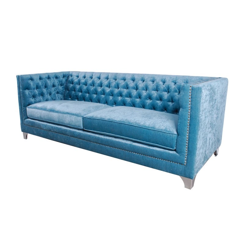 Καναπές τριθέσιος υφασμάτινος γαλάζιος με καπιτονέ πλάτη και μαξιλάρια για κάθισμα 228.6x91.4x83.8 εκ