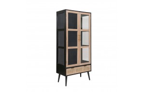Cons ξύλινη βιτρίνα από MDF σε μαύρο χρώμα με πόρτες σε φυσική απόχρωση και ψάθινο ντουλάπι 72x39x159 εκ