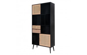 Cons ξύλινη βιβλιοθήκη από MDF σε μαύρο χρώμα με ψάθινα ντουλάπια σε φυσική απόχρωση 91x36x190 εκ