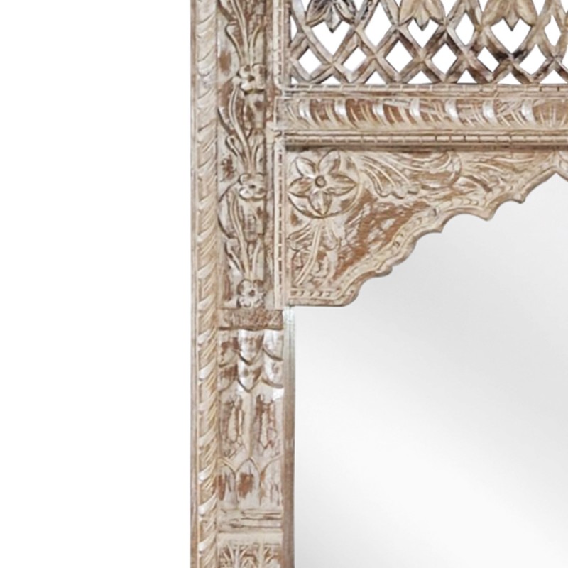 Mirroki Panels ξύλινος καθρέπτης τοίχου με σκαλιστό πλαίσιο σε απόχρωση λευκής πατίνας 120x90 εκ