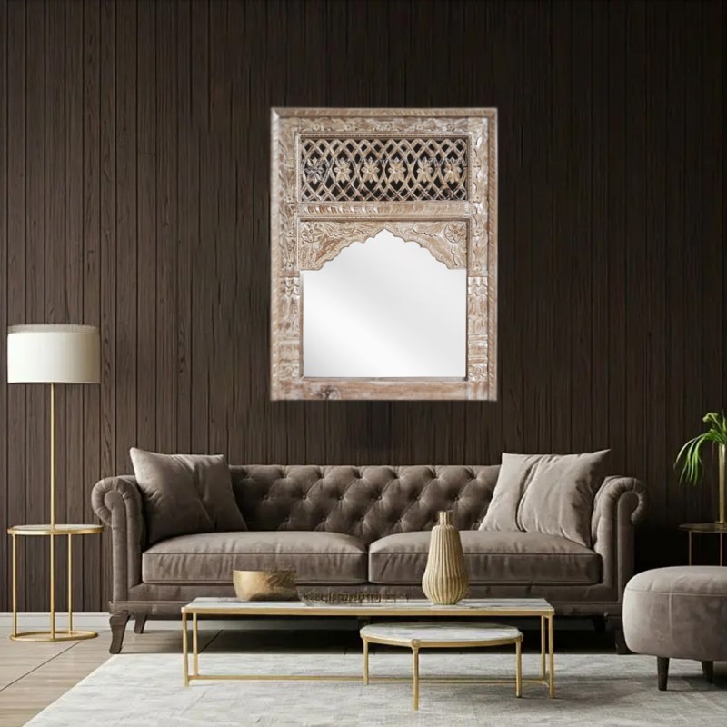 Mirroki Panels ξύλινος καθρέπτης τοίχου με σκαλιστό πλαίσιο σε απόχρωση λευκής πατίνας 120x90 εκ