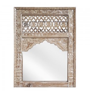 Mirroki Panels ξύλινος καθρέπτης τοίχου με σκαλιστό πλαίσιο σε απόχρωση λευκής πατίνας 90x120 εκ